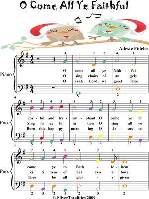 cover image of O Come All Ye Faithful Easy Piano Sheet Music with Colored Notes